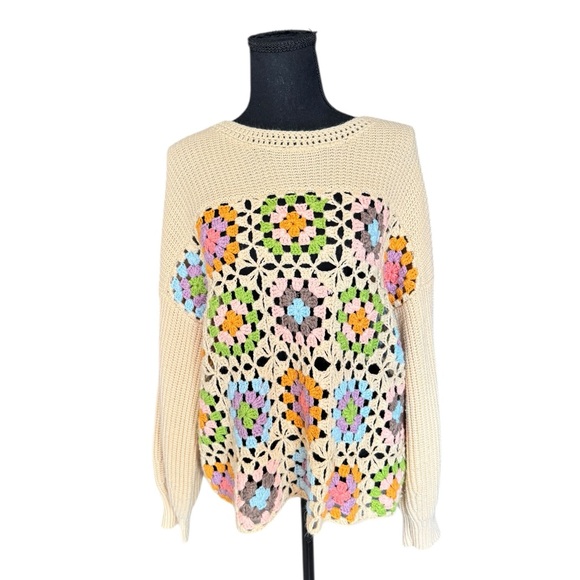 Heyson Granny Square Crochet Sweater L Boho Cottagecore Retro Knit Pullover N56 - Picture 1 of 9